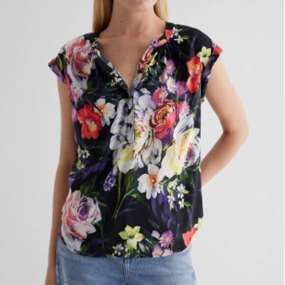 Express Floral Gathered Half Button Up Gramercy Tee - size XL - Picture 1 of 3